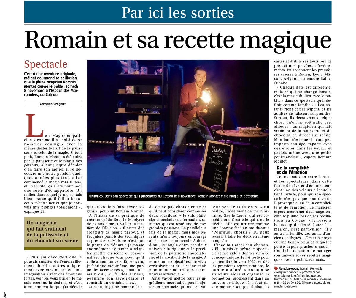 Article Romain et sa recette magique, signé Christian Grégoire, présentant le spectacle au Coteau et une photographie de Romain sur scène